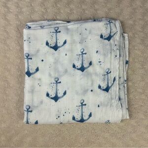 Blue White Anchor Print Baby Swaddle Blanket Bamboo Nautical Boat